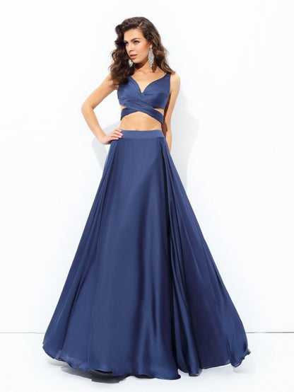 Straps Sleeveless Long Satin Chiffon Two Piece Dresses