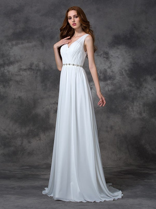 V-neck Beading Sleeveless Long Chiffon Dresses