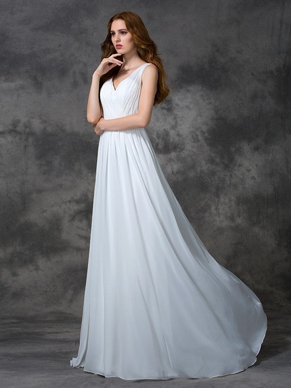 V-neck Beading Sleeveless Long Chiffon Dresses