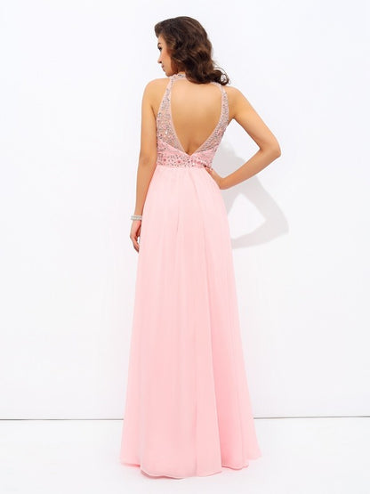 Jewel Beading Sleeveless Long Chiffon Dresses