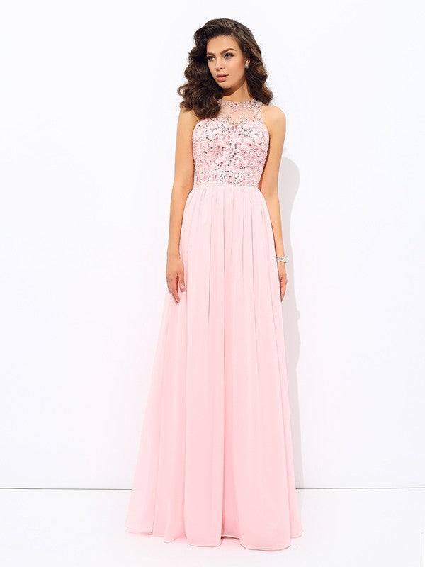 Jewel Beading Sleeveless Long Chiffon Dresses