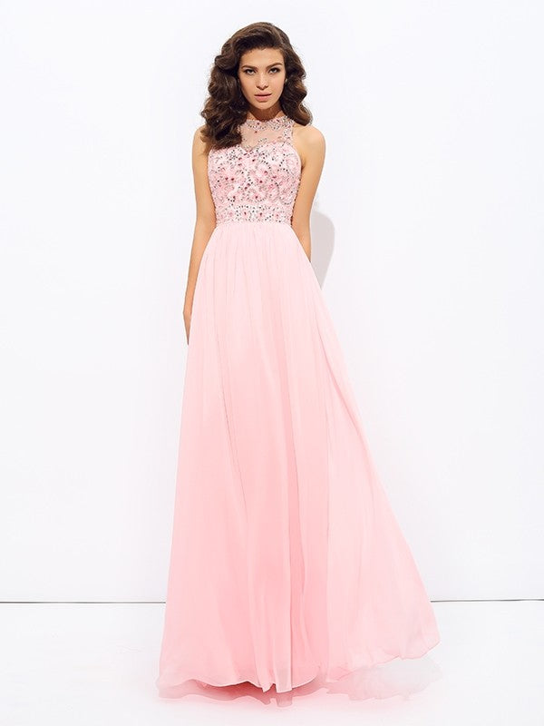 Jewel Beading Sleeveless Long Chiffon Dresses