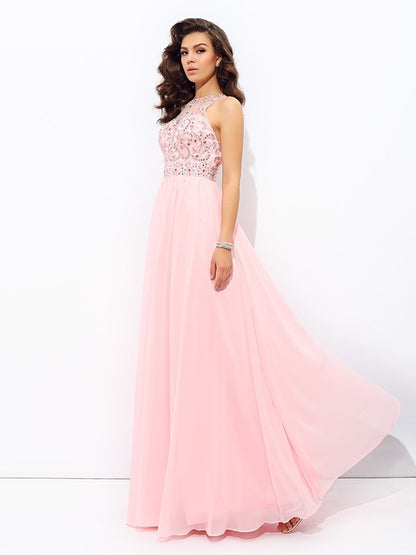 Jewel Beading Sleeveless Long Chiffon Dresses