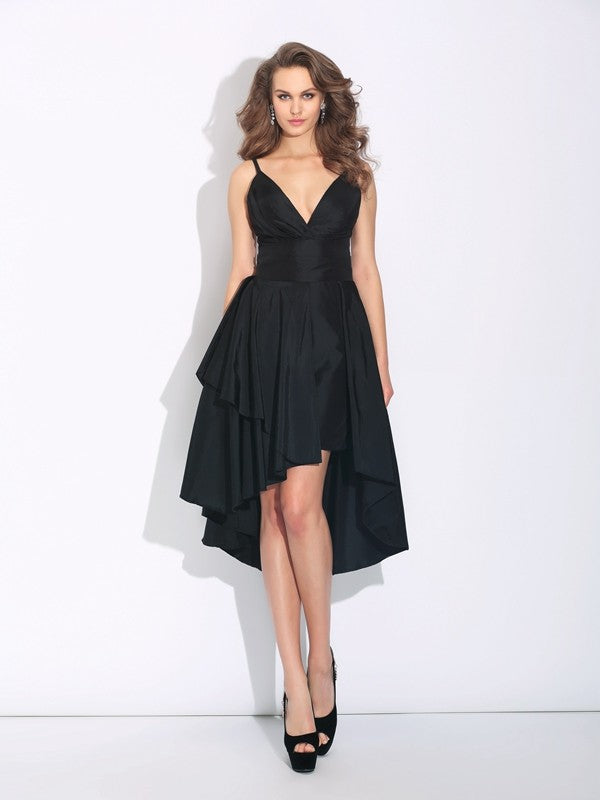 Spaghetti Straps Ruffles Sleeveless High Low Taffeta Dresses