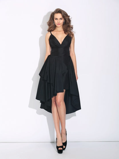 Spaghetti Straps Ruffles Sleeveless High Low Taffeta Dresses