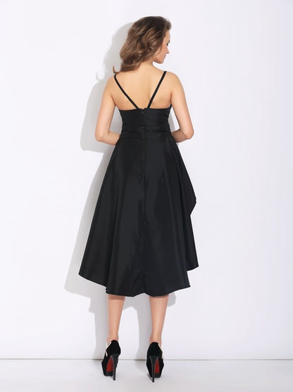 Spaghetti Straps Ruffles Sleeveless High Low Taffeta Dresses