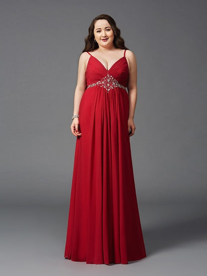 Spaghetti Straps Beading Sleeveless Long Chiffon Plus Size Dresses