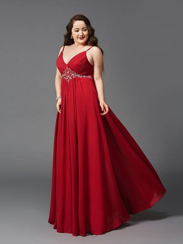 Spaghetti Straps Beading Sleeveless Long Chiffon Plus Size Dresses