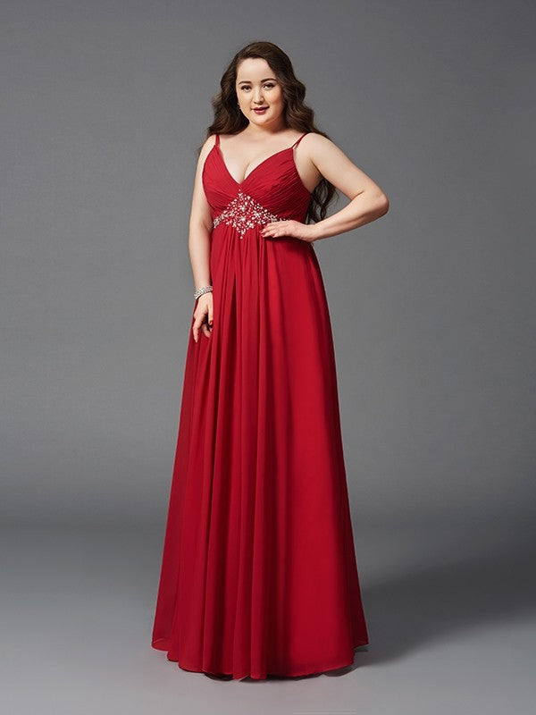 Spaghetti Straps Beading Sleeveless Long Chiffon Plus Size Dresses