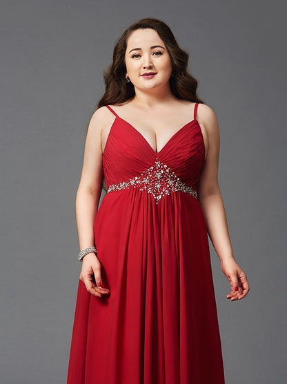 Spaghetti Straps Beading Sleeveless Long Chiffon Plus Size Dresses