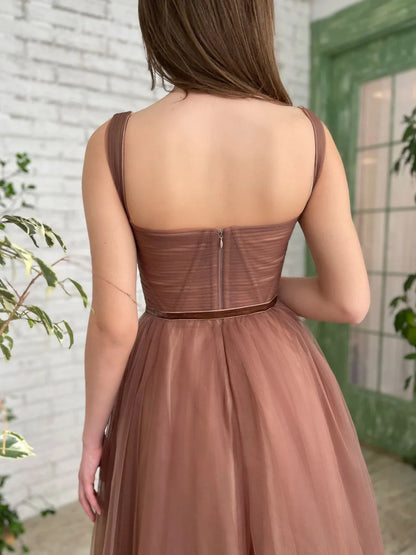 Simple Aline Tea Length Brown Prom Evening Dresses