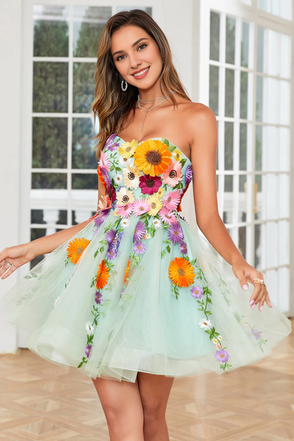 Strapless Homecoming Dress With 3D Flowers