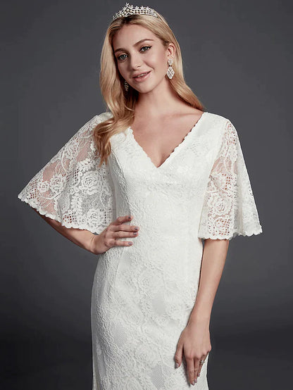 Wedding Dresses V Neck Lace Half Sleeve Beautiful Back with Lace