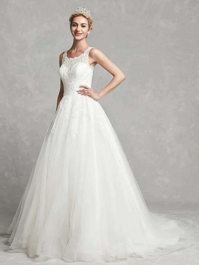 A-Line Wedding Dresses Scoop Neck Chapel Train Lace Tulle Regular Straps Formal Illusion Detail with Lace Sash Ribbon