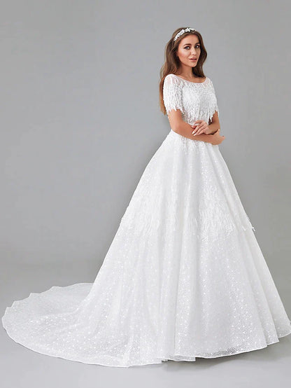 A-Line Wedding Dresses Bateau Neck Court Train Lace Satin Tulle Short Sleeve See-Through with Lace Insert Appliques