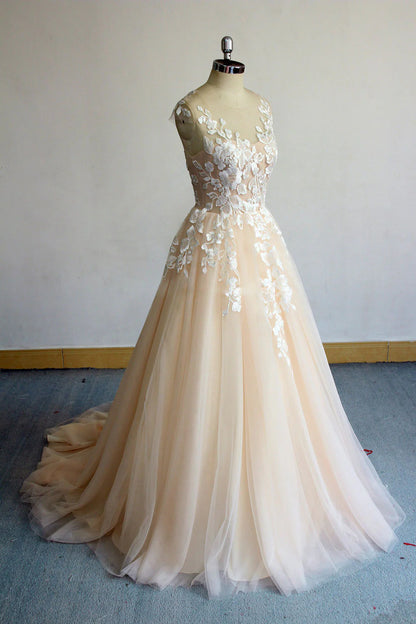 Champagne round neck tulle lace long prom Wedding Dresses