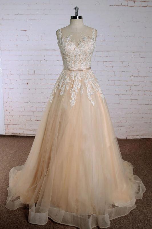 Champagne round neck lace applique tulle long prom Wedding Dresses