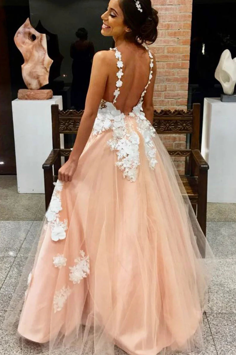 Pink v neck tulle lace applique long prom Wedding Dresses