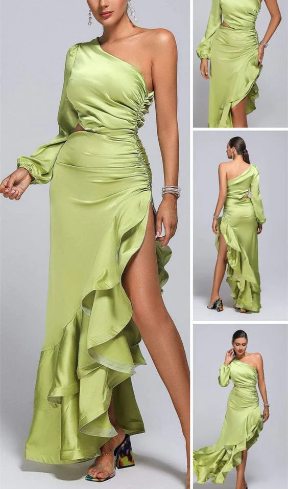 Sheath/Column One-Shoulder Floor-Length Prom Dresses with Side fork