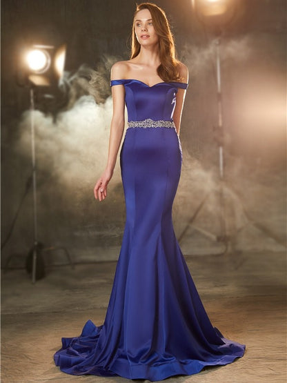 Off-the-Shoulder Sleeveless Crystal Sweep/Brush Train Satin Dresses