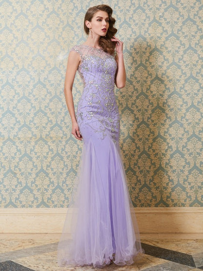 Scoop Sleeveless Beading Floor-length Tulle Dresses