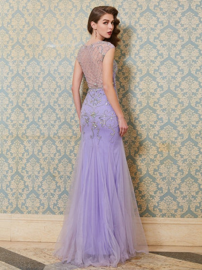 Scoop Sleeveless Beading Floor-length Tulle Dresses