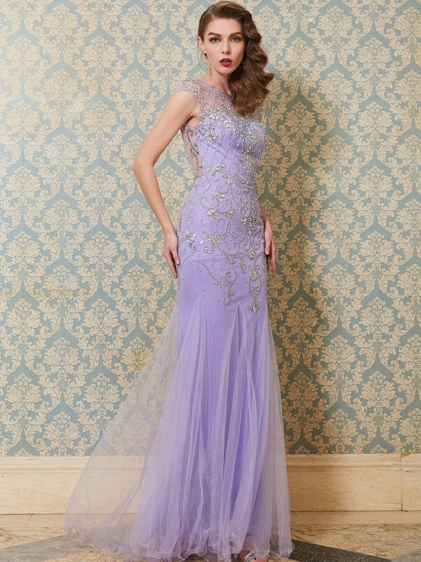 Scoop Sleeveless Beading Floor-length Tulle Dresses