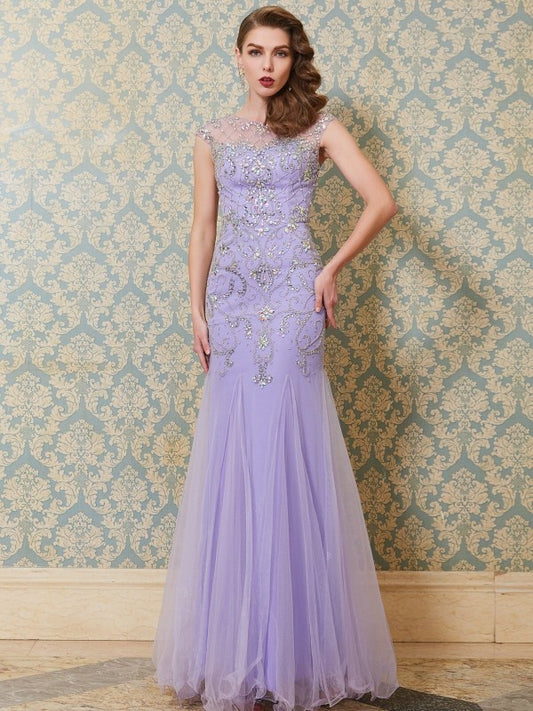 Scoop Sleeveless Beading Floor-length Tulle Dresses