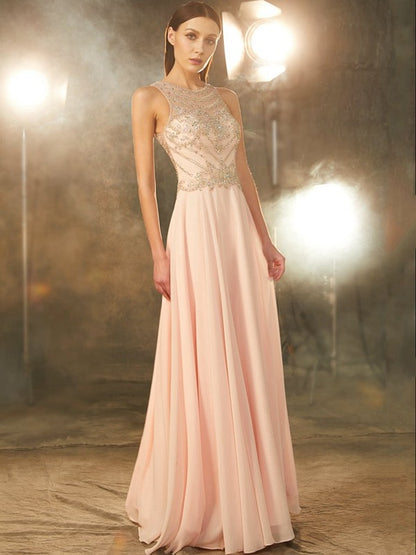 Scoop Sleeveless Chiffon Crystal Floor-length Dresses