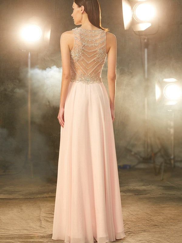 Scoop Sleeveless Chiffon Crystal Floor-length Dresses