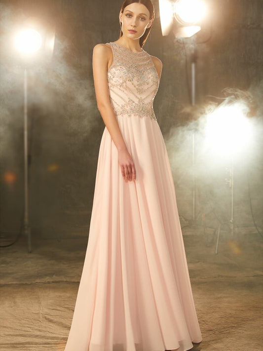 Scoop Sleeveless Chiffon Crystal Floor-length Dresses