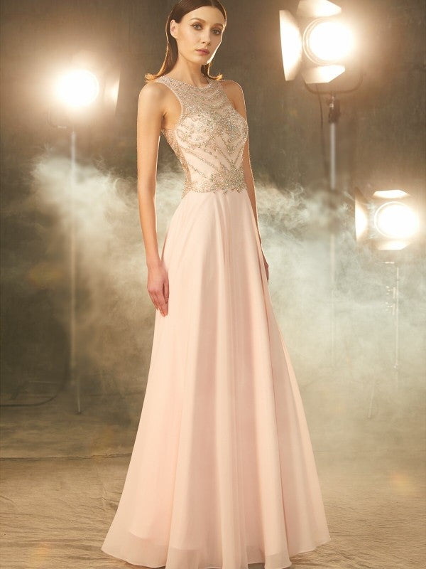 Scoop Sleeveless Chiffon Crystal Floor-length Dresses