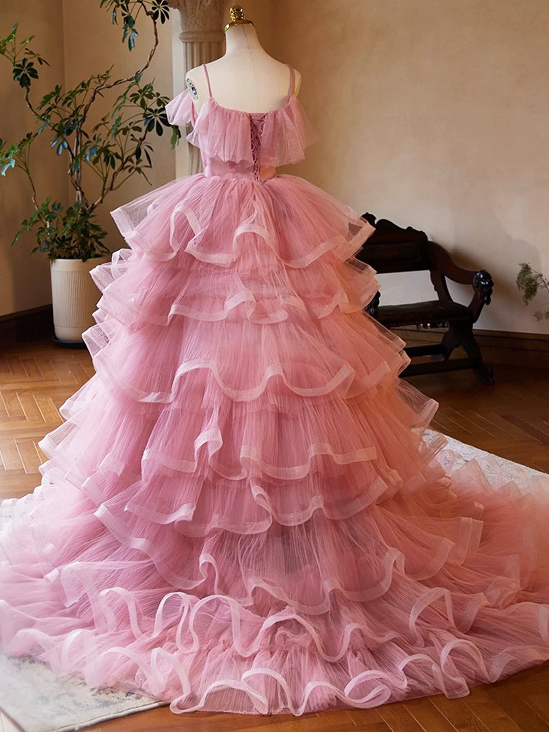 Pink Tulle Layers Long A-Line Prom Dress