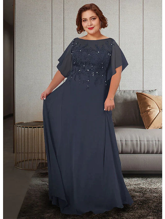 A-Line Mother of the Bride Dress Plus Size Elegant Jewel Neck Floor Length Chiffon Lace Half Sleeve with Appliques