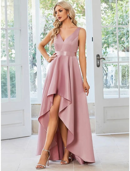 A-Line Wedding Guest Dresses Casual Dress Party Wear Asymmetrical Sleeveless V Neck Satin with Ruffles Pure Color