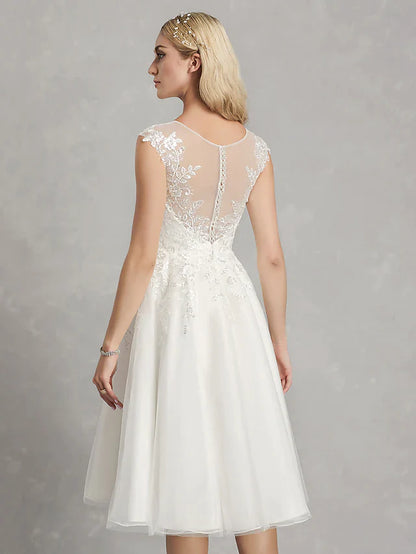 A-Line Wedding Dresses Jewel Neck Tea Length Lace Tulle Cap Sleeve Beautiful Back with Appliques