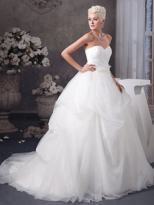 A-Line Wedding Dresses Sweetheart Neckline Court Train Organza Satin Strapless with Pick Up Skirt Ruched Beading