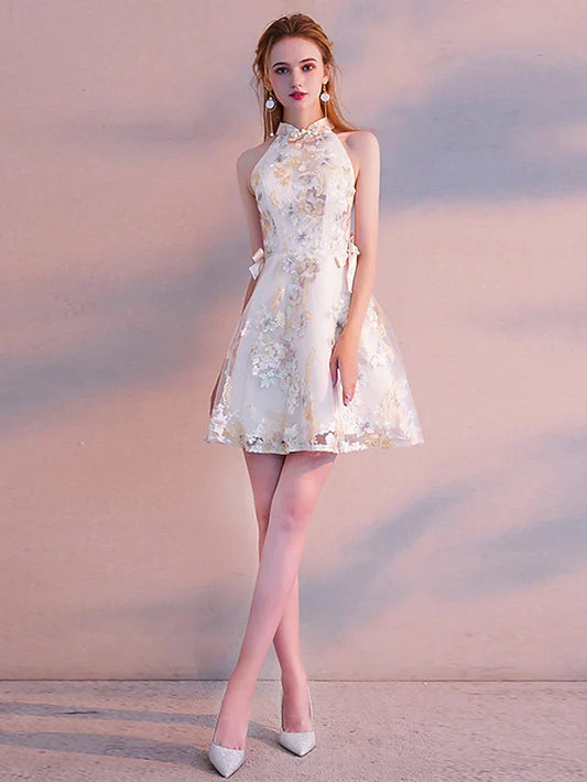 Cocktail Party Dress High Neck Long Sleeve Short Mini Tulle with Sash Ribbon Embroidery