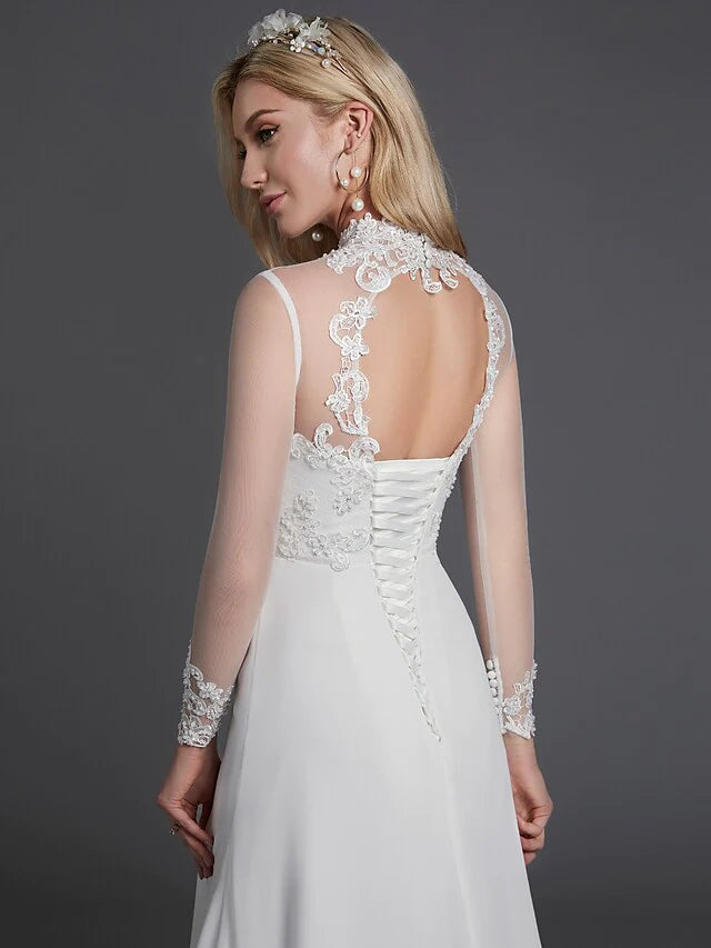 A-Line Wedding Dresses High Neck Court Train Chiffon Lace Long Sleeve Vintage Plus Size Backless with Lace Buttons