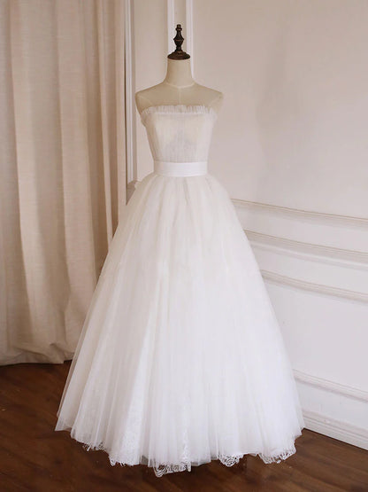 White A-Line Tulle Lace Long Prom Evening Dresses