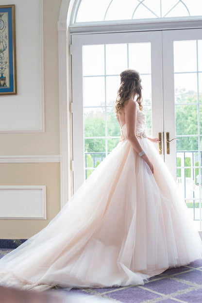 Champagne sweetheart tulle long wedding dress