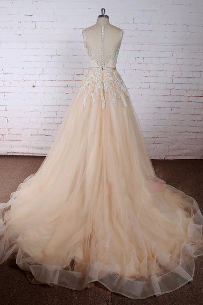 Champagne round neck lace applique tulle long prom Wedding Dresses