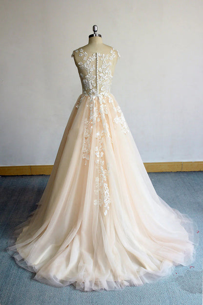 Champagne round neck tulle lace long prom Wedding Dresses