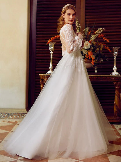 A-Line Wedding Dresses V Neck Lace Tulle Long Sleeve See-Through with Appliques