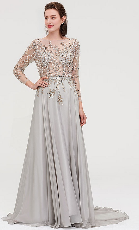 Bateau Full/Long Sleeve Court Train Chiffon Prom Dress With Beading