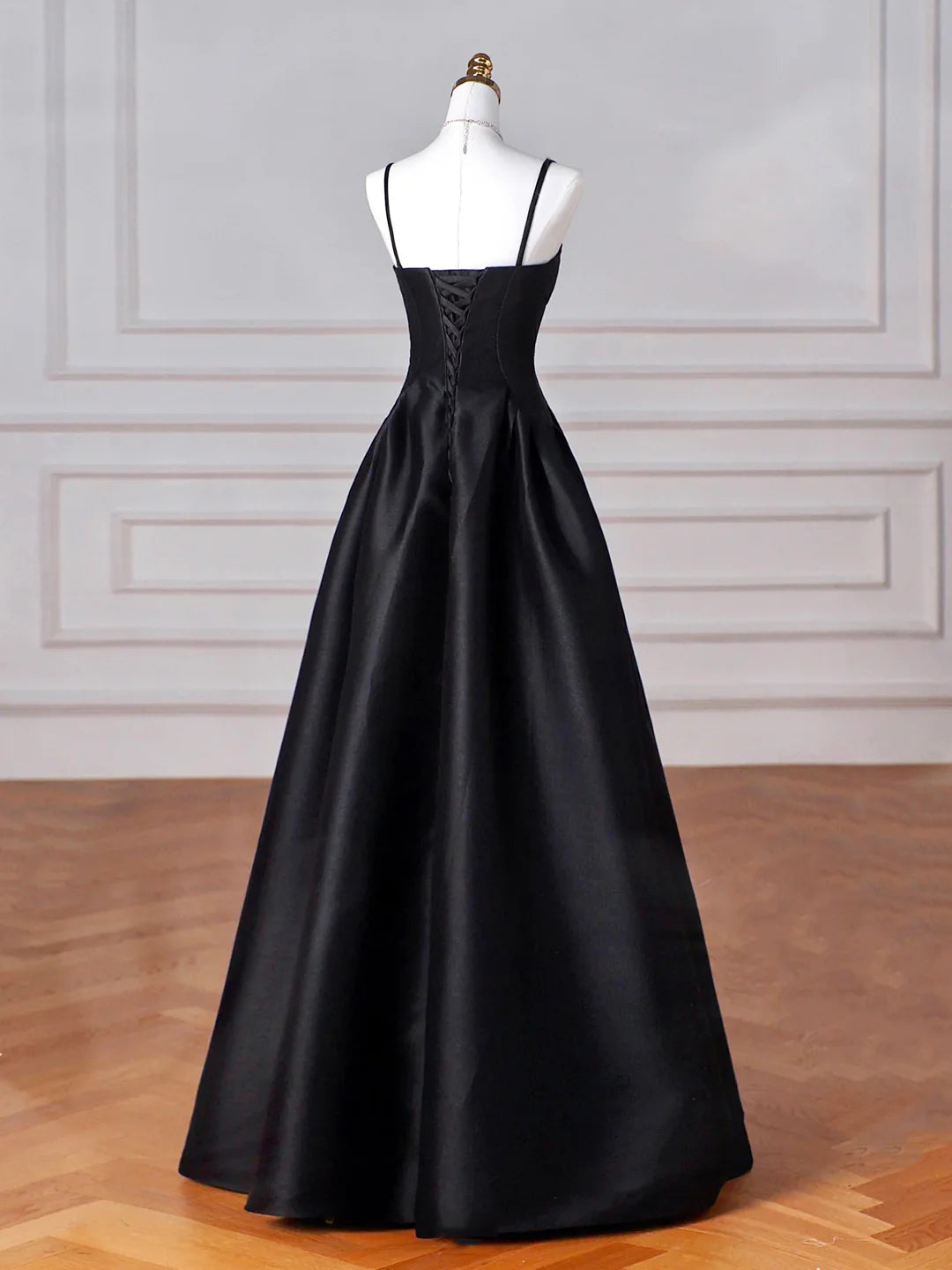 Black Spaghetti Strap Satin Long Prom Dress