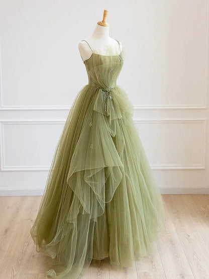 Spaghetti Strap Tulle Long Prom Dress