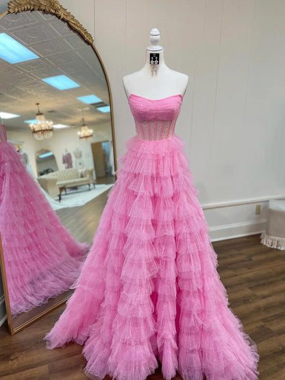 Strapless Tulle Sparkle Floor Length Prom Dress