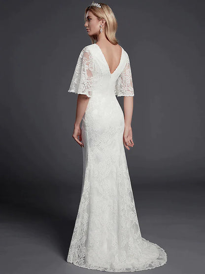 Wedding Dresses V Neck Lace Half Sleeve Beautiful Back with Lace