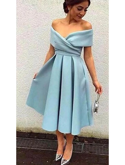 A-Line Cocktail Dresses Party Dress Homecoming Tea Length Short Sleeve V Neck Fabric V Back with Pleats